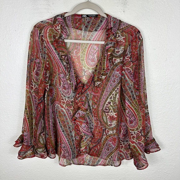 Zara Tops - ZARA Womens M Sheer Paisley Ruffle Romantic Blouse Blogger Fav Red Fairy Boho